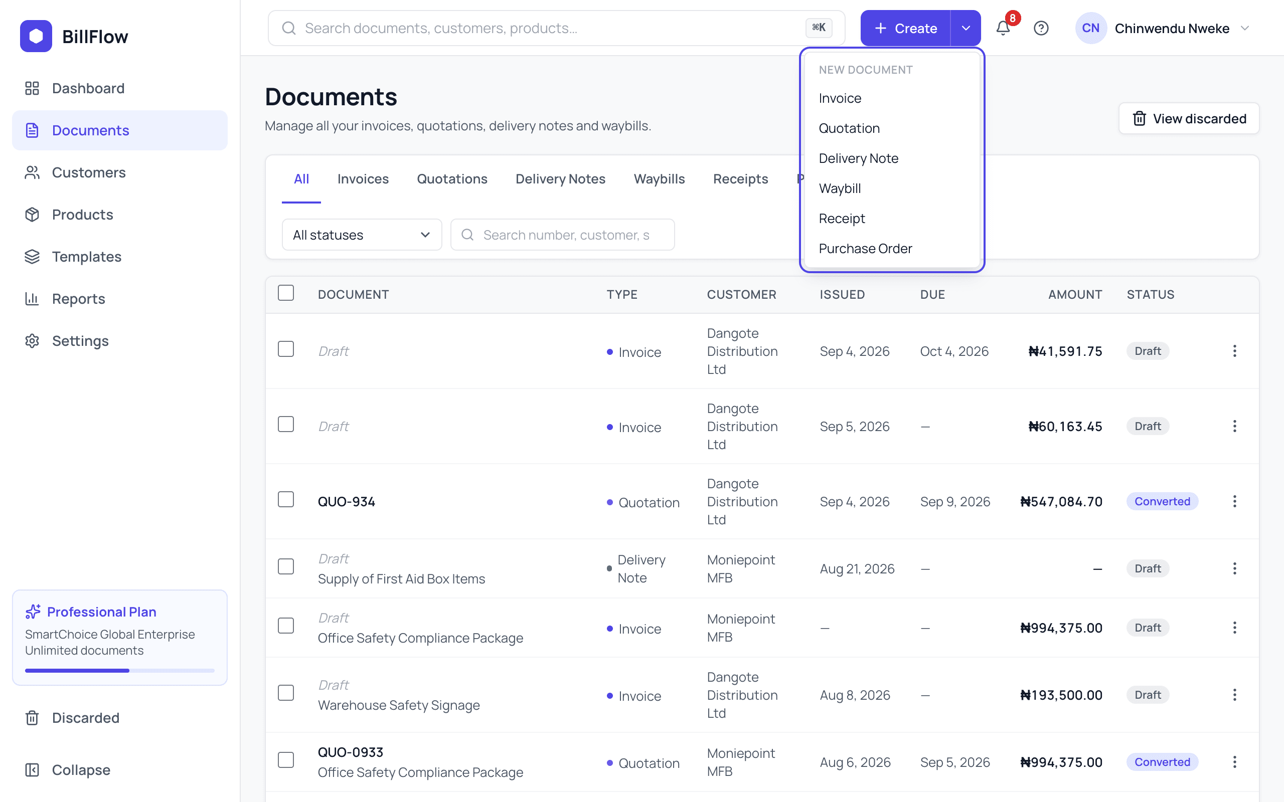 The top bar with the Create button and its open menu listing the everyday document types: invoice, quotation, delivery note, waybill, receipt and purchase order