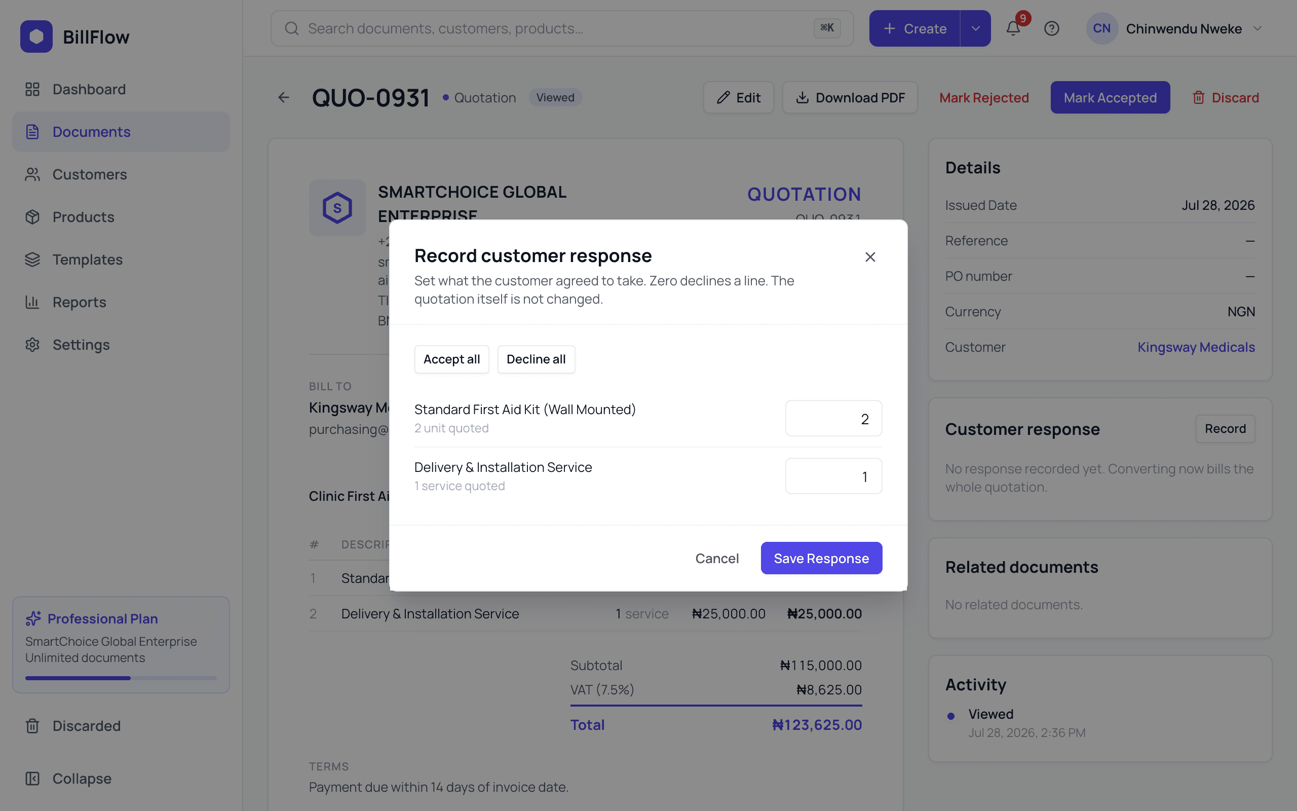 The Record customer response dialog open, listing each quotation line with its quoted quantity and an editable box for the accepted quantity, beside Accept all, Decline all and Save Response buttons