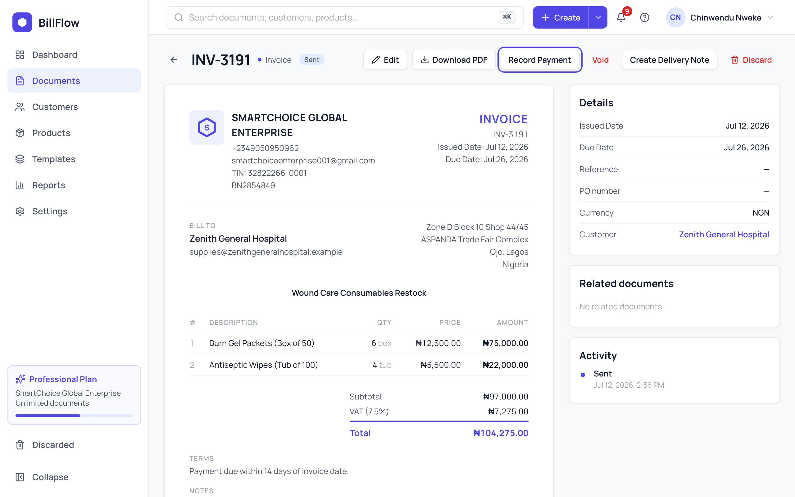 A sent invoice's page with the actions offered from the Sent status, including Record Payment