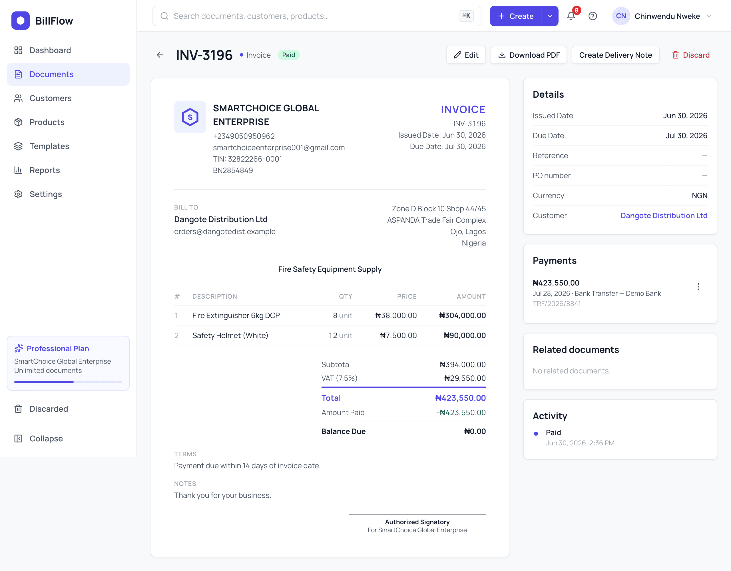 An issued invoice's page showing its number, status badge, totals, payment history and the actions menu