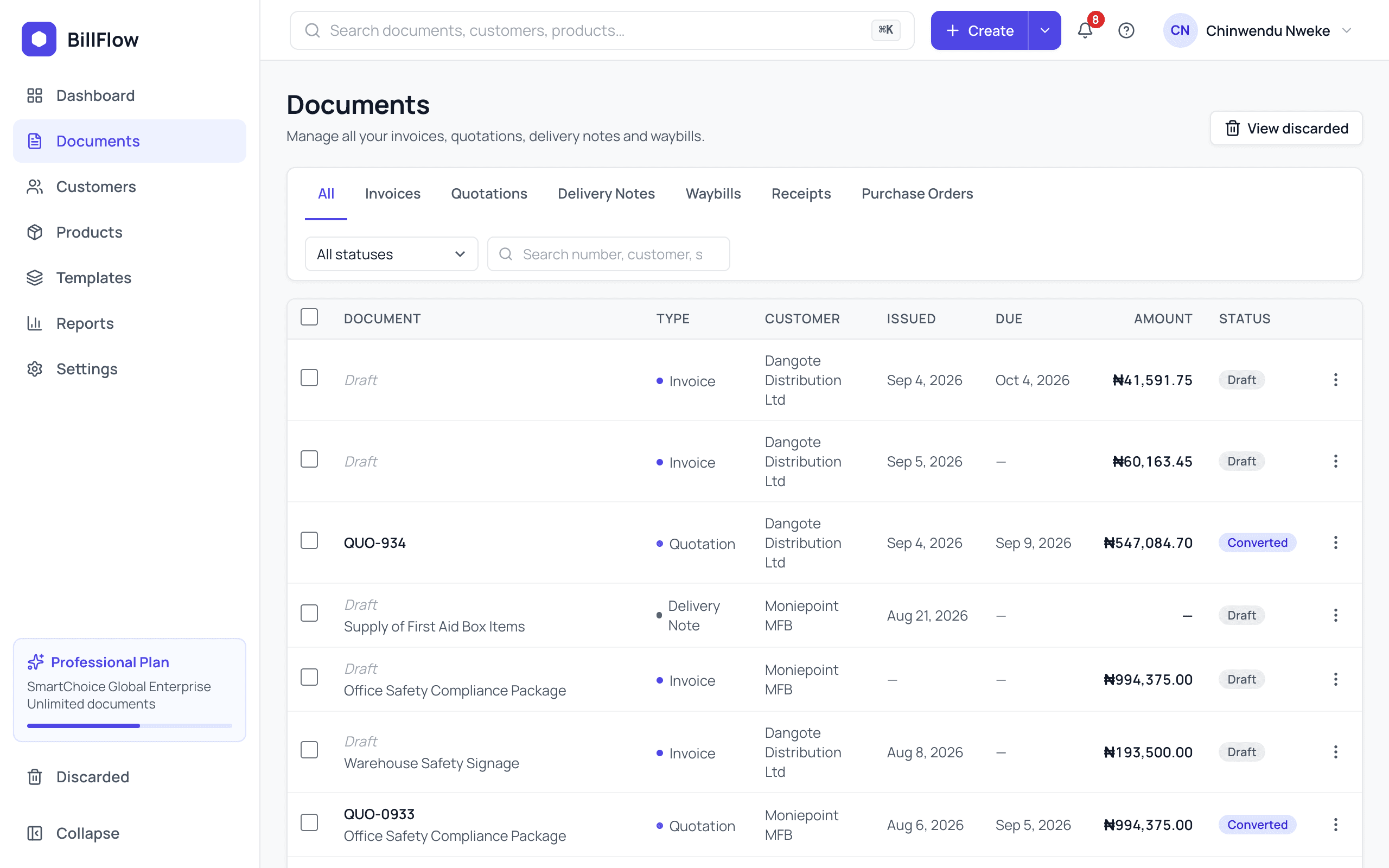 The Documents page: a table of invoices, quotations and delivery notes with customer, status and total columns