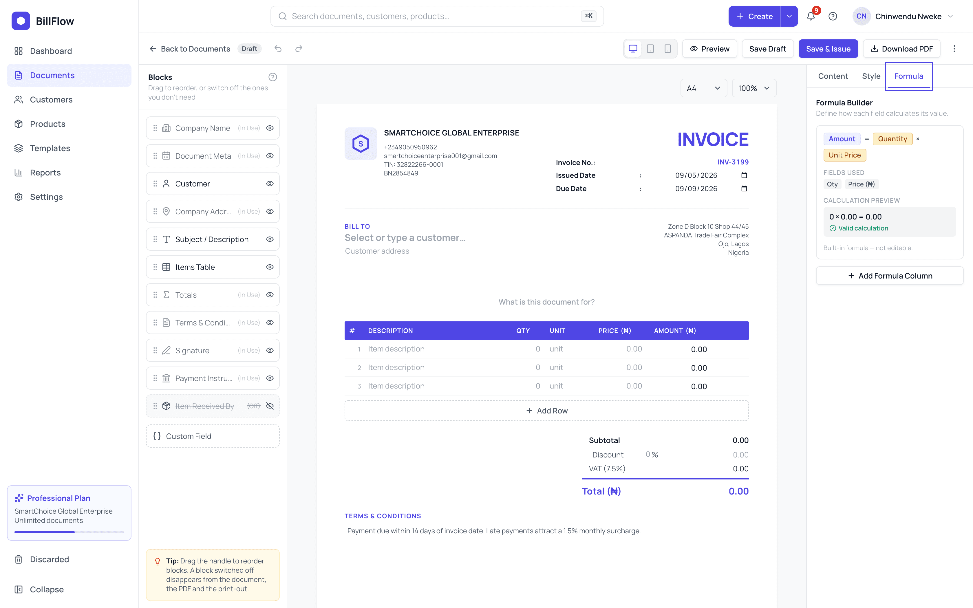 The editor with its Formula tab open, showing the Formula Builder panel beside the invoice sheet