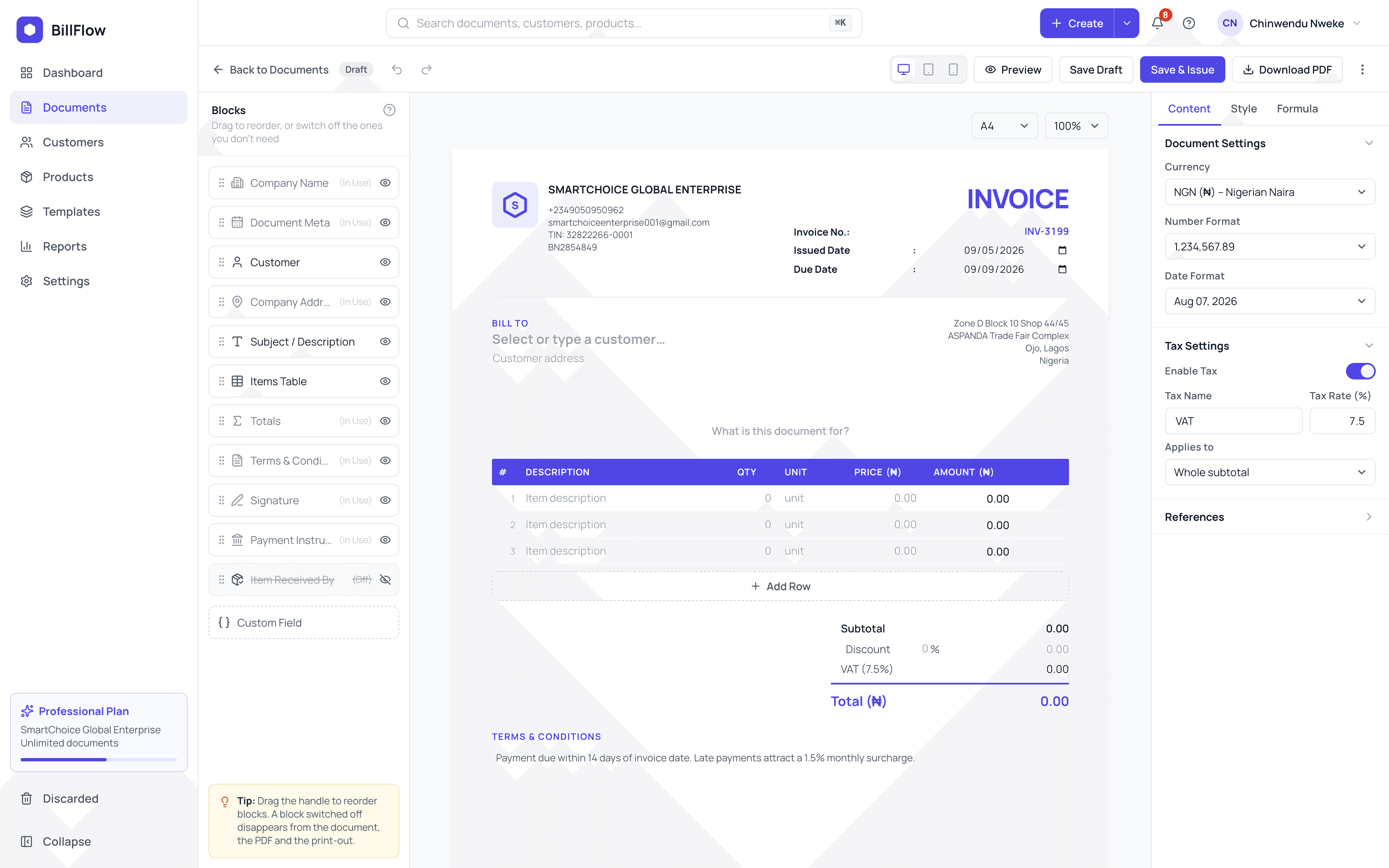 The document editor showing a new invoice sheet with the blocks and properties panel beside it