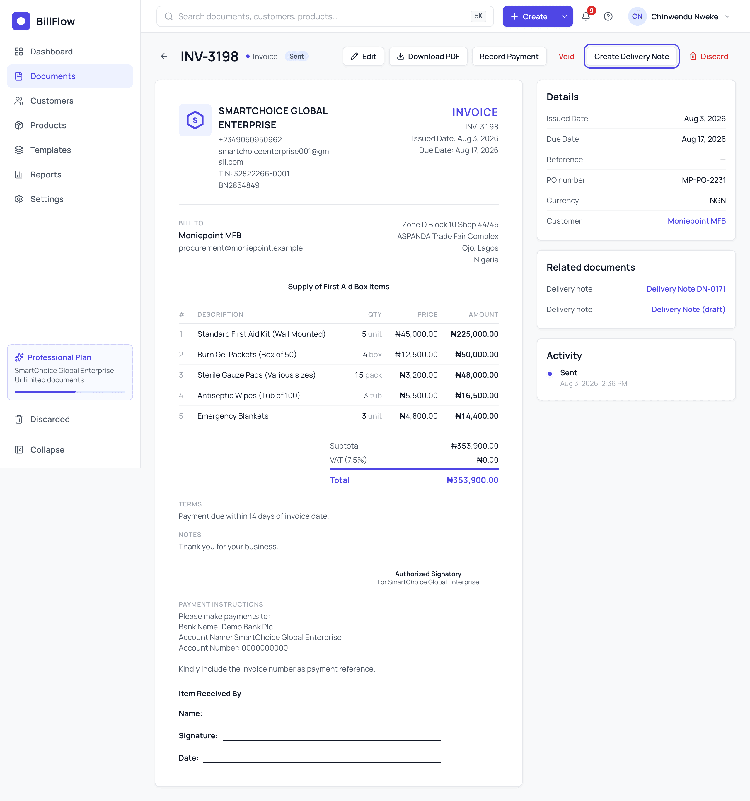 A sent invoice's page with Create Delivery Note outlined among its action buttons, and the Related documents card listing an existing delivery note