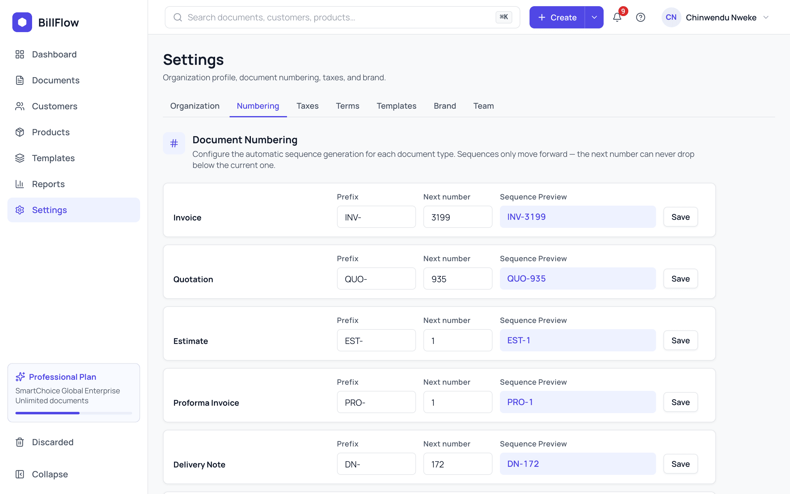 The Numbering settings page listing each document type with its prefix, next number and sequence preview
