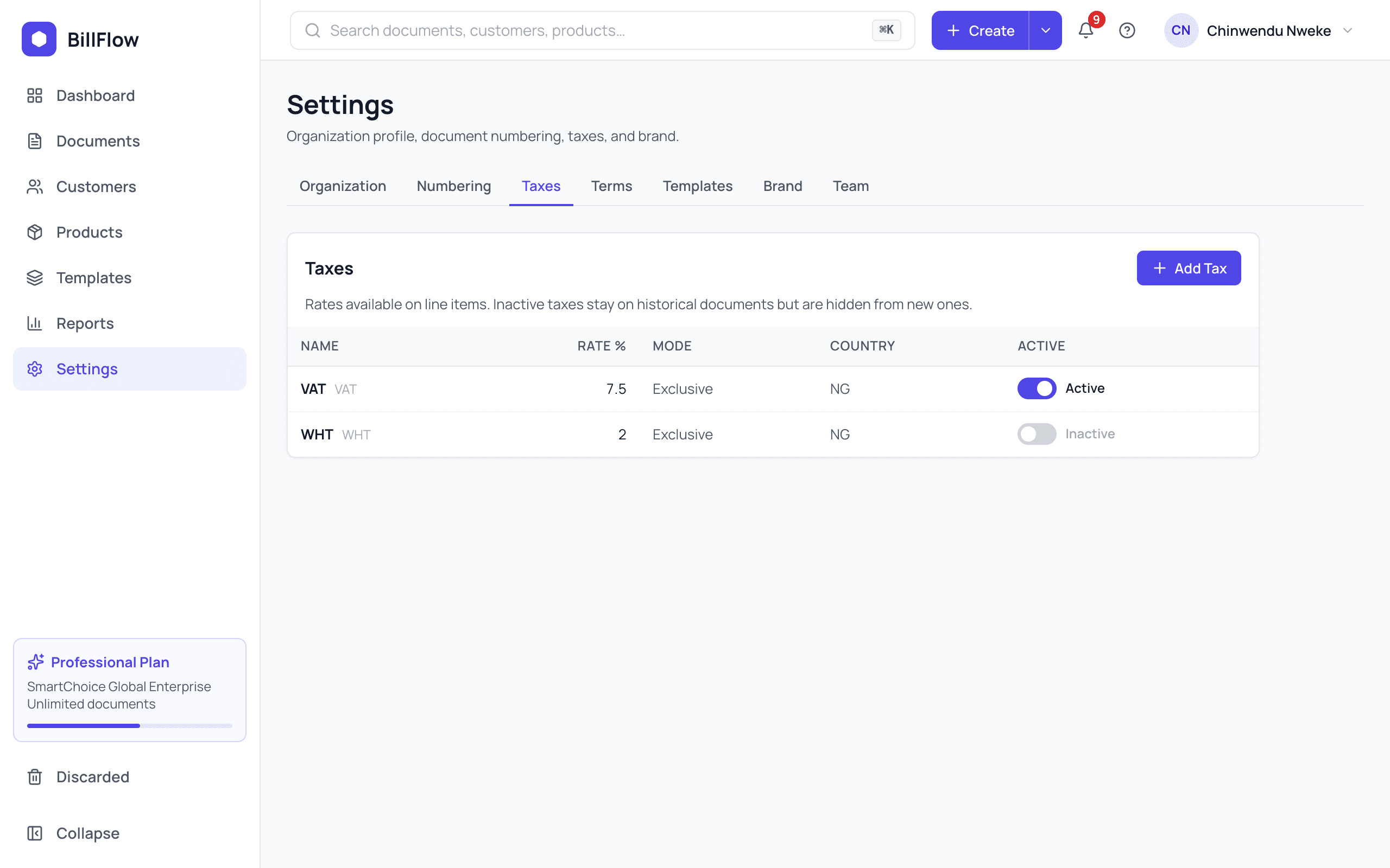 The Taxes settings page listing taxes with name, rate, mode, country and active state
