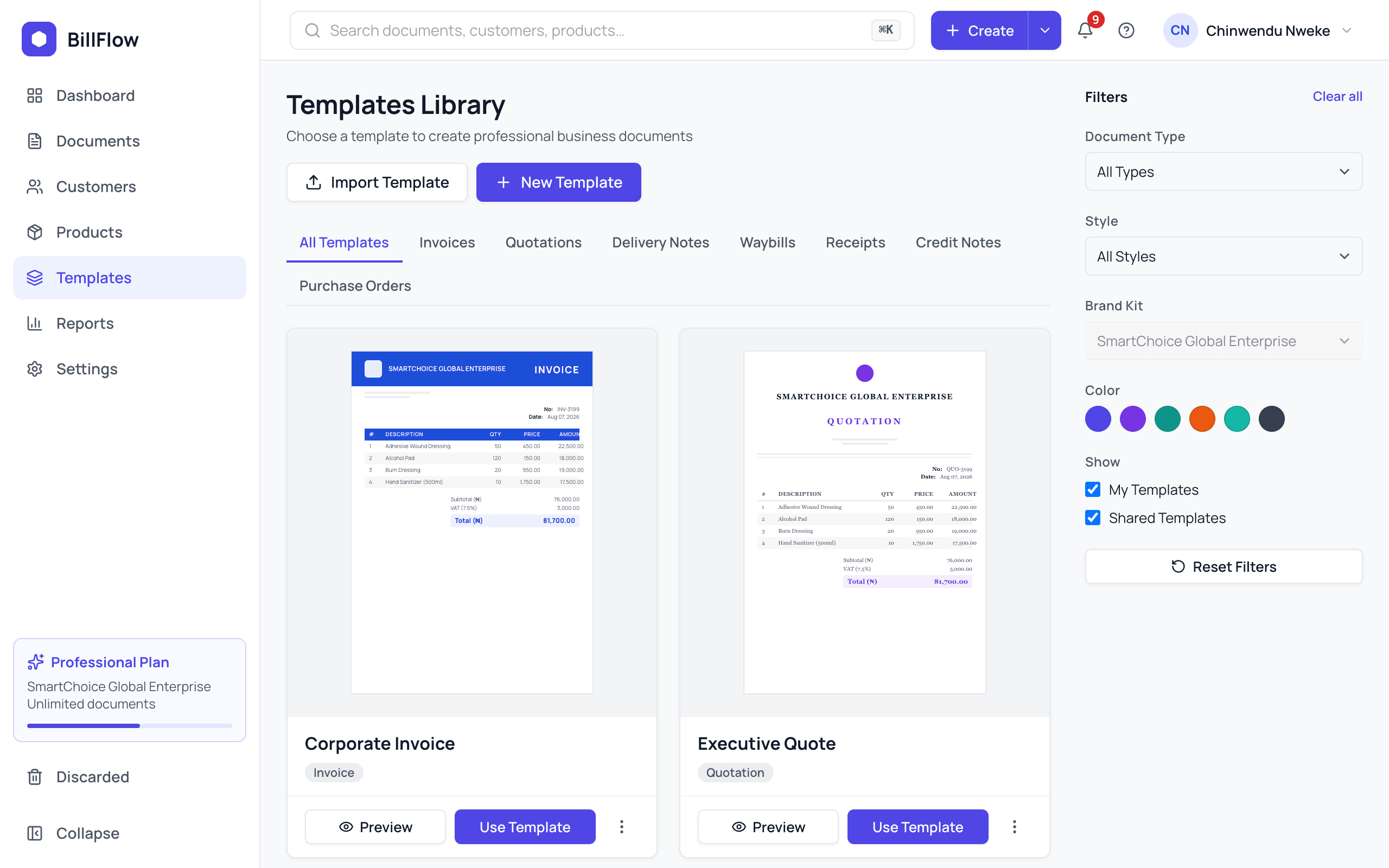 The Templates Library page showing built-in templates as preview cards